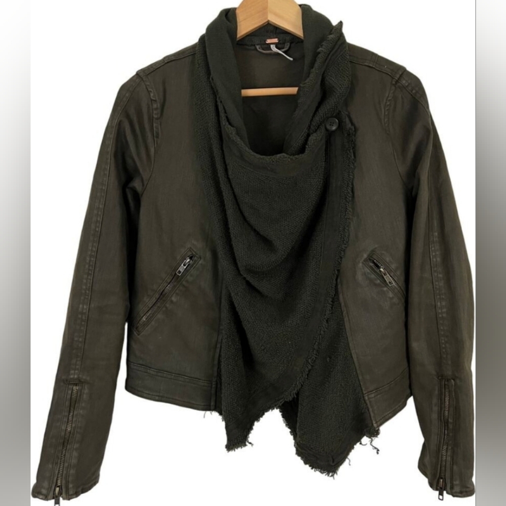 Free People Women Coated Drape Front Moto Jacket Waxed Size 8